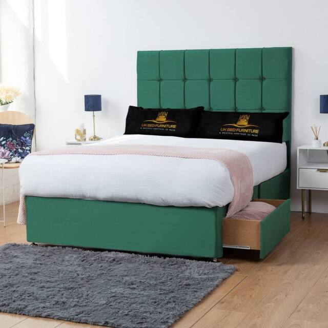UK Bed Furniture Florence Divan Bed with 4 Drawers & 26 Inch headboard in Green - Size: Super King - image 1