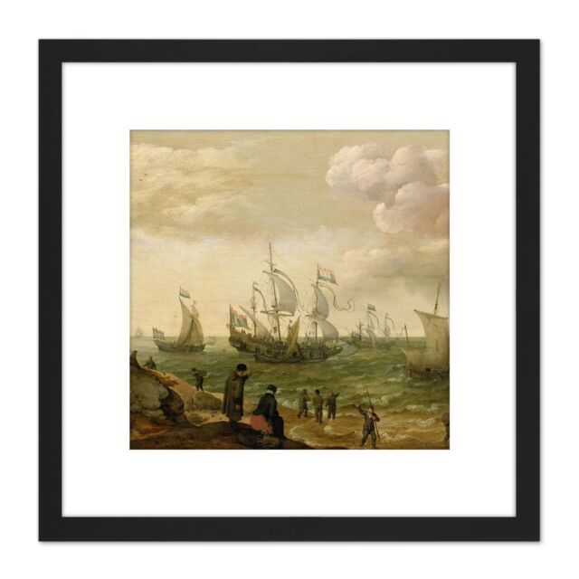 Artery8 Willaerts Ships Along The Shore Painting 8X8 Inch Square Wooden Framed Wall Art Print Picture with Mount in Black - image 1