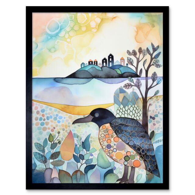 "Artery8 Wall Art Print Coastal Island Wildlife Folk Art Watercolour Painting Art Framed in Black - Size: W12"" x H16""" - image 1