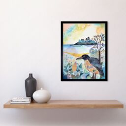 "Artery8 Wall Art Print Coastal Island Wildlife Folk Art Watercolour Painting Art Framed in Black - Size: W12"" x H16""" - thumbnail 2
