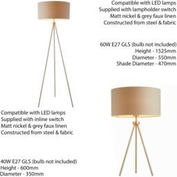 Loops Standing Floor & Table Lamp Set Matt Nickel & Grey Shade Sleek Tripod Leg Light in Metallics - thumbnail 2
