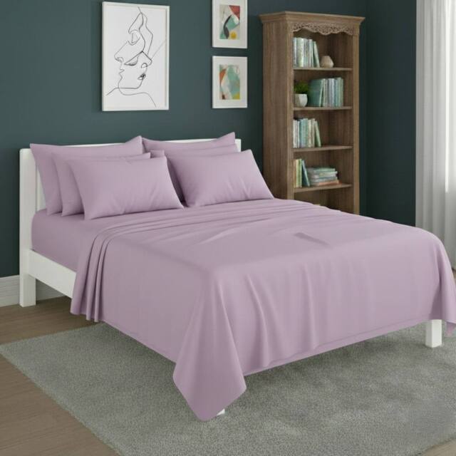 Snug City Plain Poly Cotton Easy Care Fitted Flat Sheet Matching Pillowcases Set in Lilac - Size: King - image 1