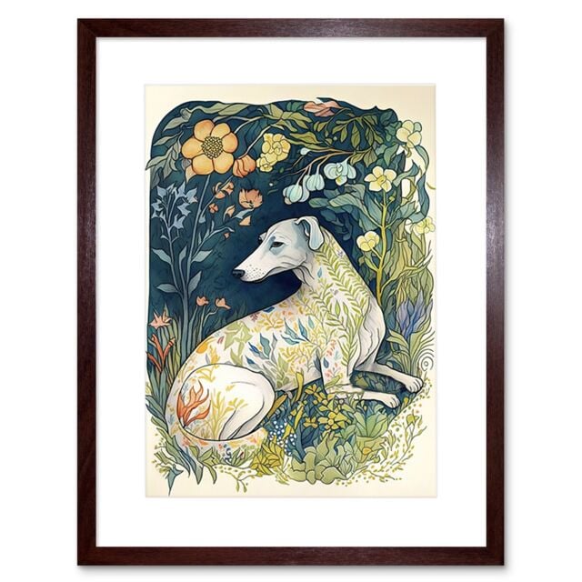 "Artery8 Wall Art Print White Greyhound Dog with Floral Pattern Fur Coat lying in Flower Field Modern Artwork Framed 9X7 Inch - Size: W7"" x H9""" - image 1