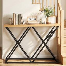 Gymax Farmhouse 140CM Console Table Industrial Entryway Table Behind Couch in Brown - thumbnail 3