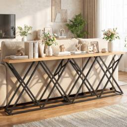 Gymax Farmhouse 140CM Console Table Industrial Entryway Table Behind Couch in Brown - thumbnail 5