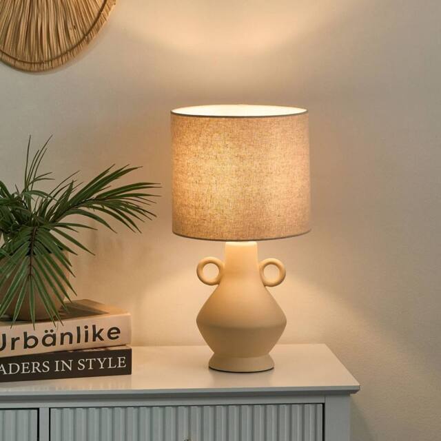 Wyld and Coco Beige Ceramic Table Lamp Two Handles and Textured Cotton Drum Shade - image 1