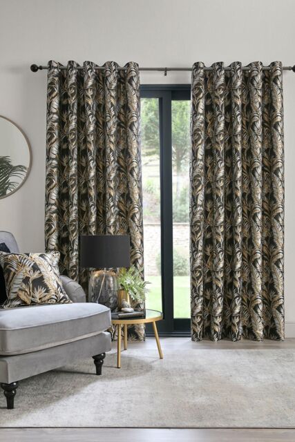 Laurence Llewelyn-Bowen 'Paradise Palm' Jacquard Palm Leaf Pair of Eyelet Curtains in Black - Size: 229 cm width x 229 cm drop - image 1