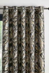 Laurence Llewelyn-Bowen 'Paradise Palm' Jacquard Palm Leaf Pair of Eyelet Curtains in Black - Size: 229 cm width x 229 cm drop - thumbnail 2