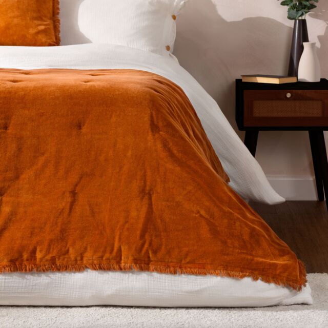 Yard Jaye Fringed Cotton Velvet Bedspread in Burnt Orange - image 1