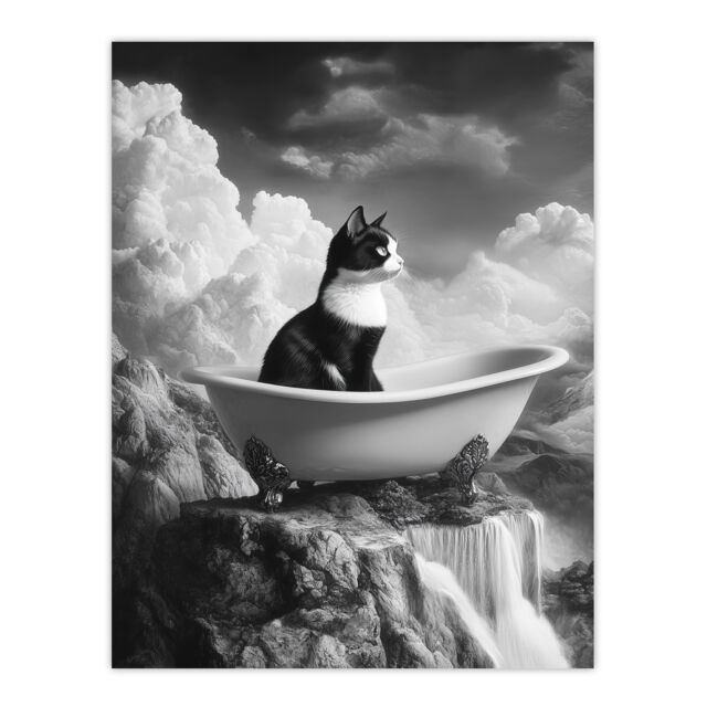 "Artery8 Cat Lover Kitten Bathtub Waterfall Cliff Surreal Wall Art Print in Grey - Size: W18"" x H24""" - image 1