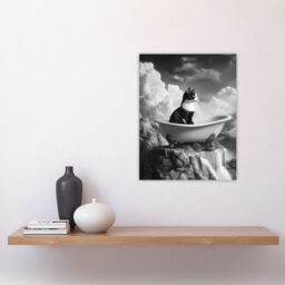"Artery8 Cat Lover Kitten Bathtub Waterfall Cliff Surreal Wall Art Print in Grey - Size: W18"" x H24""" - thumbnail 4