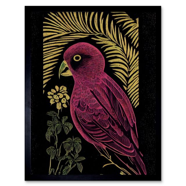 "Artery8 Wall Art Print Pink Parrot Bird Black Gold Tropical Plants Modern Vintage Linocut Art Framed - Size: W12"" x H16""" - image 1