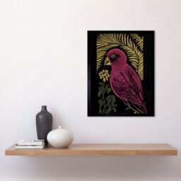 "Artery8 Wall Art Print Pink Parrot Bird Black Gold Tropical Plants Modern Vintage Linocut Art Framed - Size: W12"" x H16""" - thumbnail 2