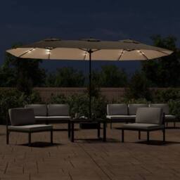 Berkfield Home Double-Head Parasol with LEDs Taupe 449x245 cm in Beige - thumbnail 3