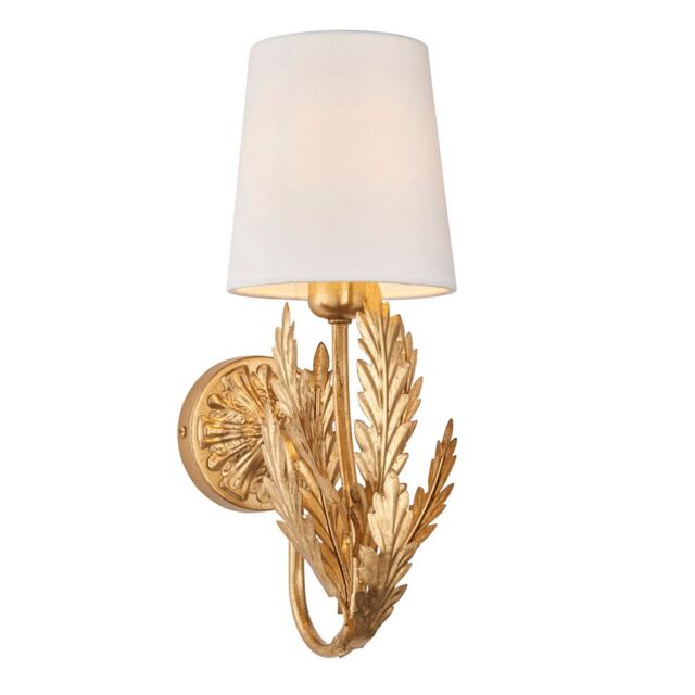 Loops Ornate Gold Wall Light Fitting & Ivory Cotton Shade Decorative Leaf Design - image 1