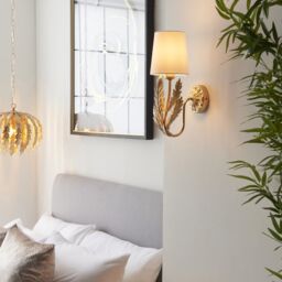 Loops Ornate Gold Wall Light Fitting & Ivory Cotton Shade Decorative Leaf Design - thumbnail 5