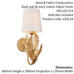 Loops Ornate Gold Wall Light Fitting & Ivory Cotton Shade Decorative Leaf Design - thumbnail 2