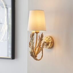 Loops Ornate Gold Wall Light Fitting & Ivory Cotton Shade Decorative Leaf Design - thumbnail 3