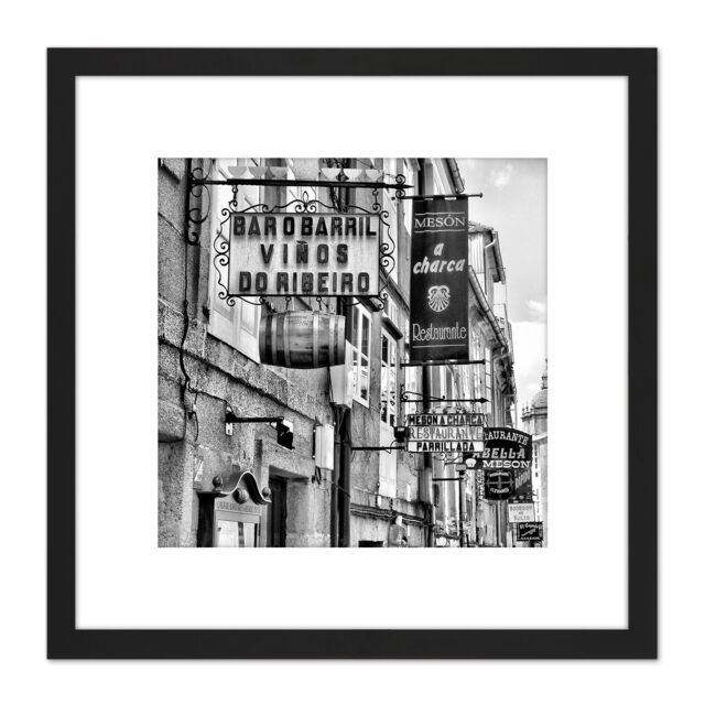 Artery8 Spanish Street Bars Restuarants Black White Photo 8X8 Inch Square Wooden Framed Wall Art Print Picture with Mount - image 1