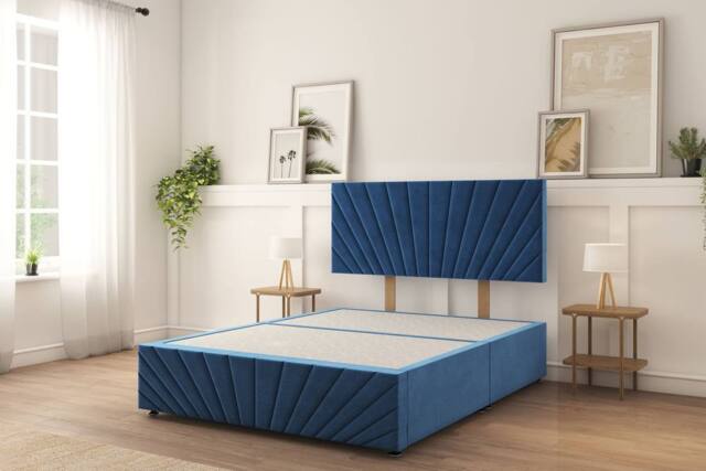 "Sloomy Amberley Plush Divan Bed Base No Drawers With 26"" Strutted Headboard & 12"" Matching Footboard in Navy - Size: Small Double" - image 1