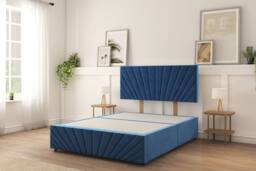 "Sloomy Amberley Plush Divan Bed Base No Drawers With 26"" Strutted Headboard & 12"" Matching Footboard in Navy - Size: Small Double"