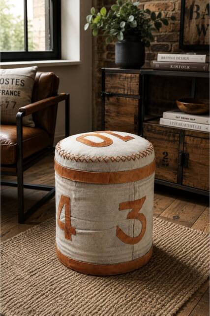 IH Design Stool Retro Canvas & Leather Ottoman Fully Assembled in Light Sand - image 1