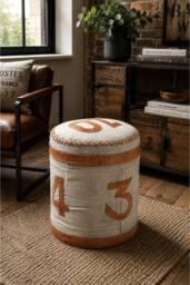 IH Design Stool Retro Canvas & Leather Ottoman Fully Assembled in Light Sand
