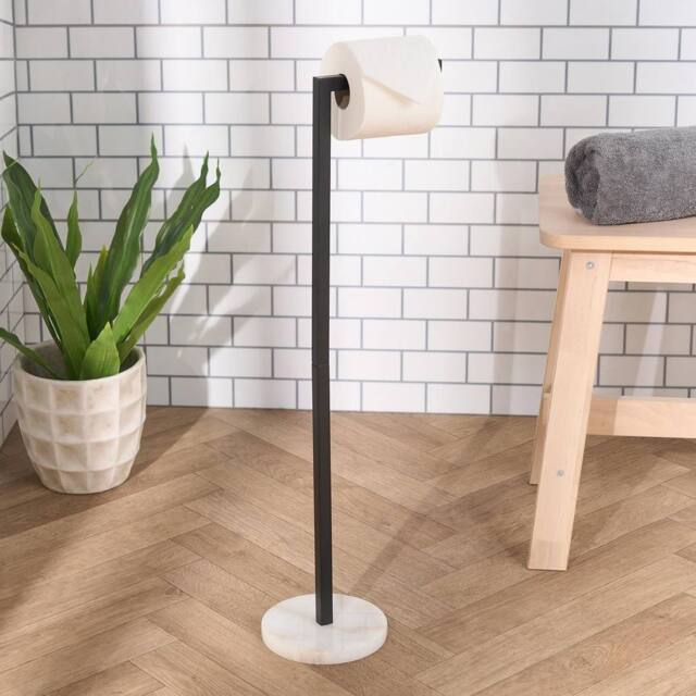 OHS Marble Toilet Roll Holder Stand Freestanding Tissue Paper Organiser in Black