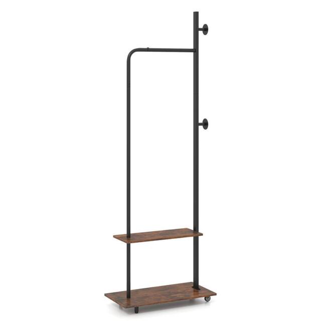 Costway Rolling Clothing Rack Wooden Garment Rack w/Hanging Rod & Side Hooks in Brown - image 1