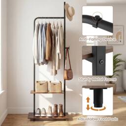 Costway Rolling Clothing Rack Wooden Garment Rack w/Hanging Rod & Side Hooks in Brown - thumbnail 6
