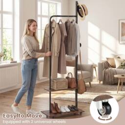 Costway Rolling Clothing Rack Wooden Garment Rack w/Hanging Rod & Side Hooks in Brown - thumbnail 4