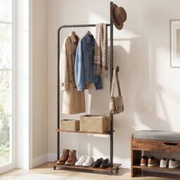 Costway Rolling Clothing Rack Wooden Garment Rack w/Hanging Rod & Side Hooks in Brown - thumbnail 2