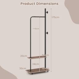 Costway Rolling Clothing Rack Wooden Garment Rack w/Hanging Rod & Side Hooks in Brown - thumbnail 3