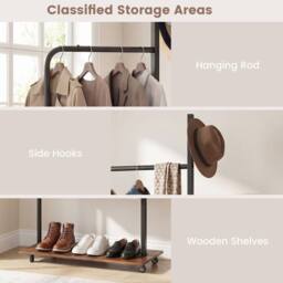 Costway Rolling Clothing Rack Wooden Garment Rack w/Hanging Rod & Side Hooks in Brown - thumbnail 5