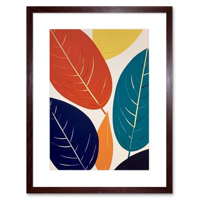 "Artery8 Wall Art Print Henri Matisse Style Leaves Linocut Painting Blue Yellow Orange Botanical Boho Leaf Artwork Framed 9X7 Inch - Size: W7"" x H9""" - image 1