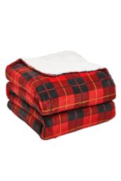 OHS Large Tartan Sherpa Flannel Fleece Throw Over Bed Blanket Check Red - Size: 150 cm x 180 cm