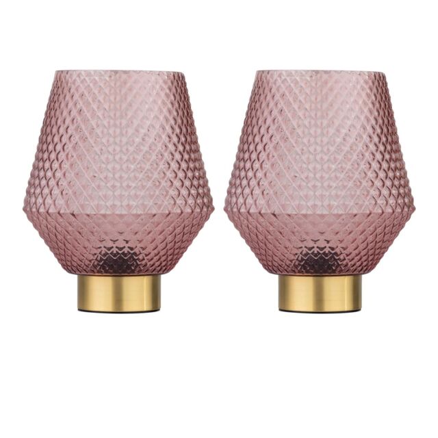 First Choice Lighting Set of 2 Porter - Battery Operated Satin Brass Lamps Pink Tex Glass in Gold - image 1
