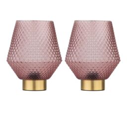 First Choice Lighting Set of 2 Porter - Battery Operated Satin Brass Lamps Pink Tex Glass in Gold