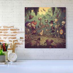 Warren Reed - Designer Cartoonish Skeletons Having A Party Canvas in Blue - Size: w10 inch x h10 inch - thumbnail 2