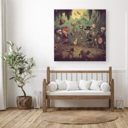Warren Reed - Designer Cartoonish Skeletons Having A Party Canvas in Blue - Size: w10 inch x h10 inch - thumbnail 3