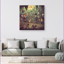 Warren Reed - Designer Cartoonish Skeletons Having A Party Canvas in Blue - Size: w10 inch x h10 inch - thumbnail 4