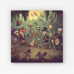 Warren Reed - Designer Cartoonish Skeletons Having A Party Canvas in Blue - Size: w10 inch x h10 inch - thumbnail 1