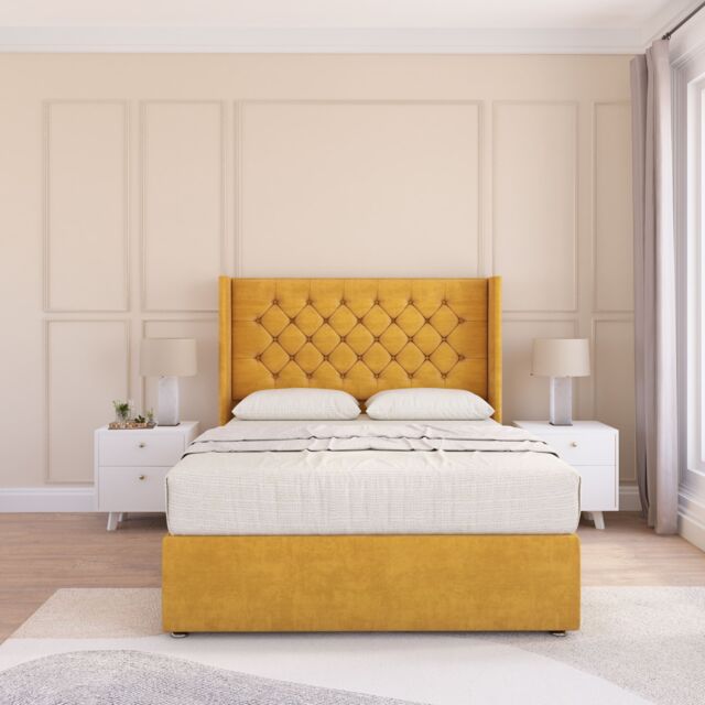 "Sloomy Dior Wing Bed Set No Drawers With Ortho Sprung Mattress & 54"" Floor standing Headboard Plush Velvet in Gold - Size: Double" - image 1