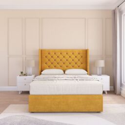 "Sloomy Dior Wing Bed Set No Drawers With Ortho Sprung Mattress & 54"" Floor standing Headboard Plush Velvet in Gold - Size: Double" - thumbnail 1