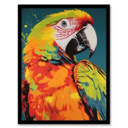 Artery8 Wall Art Print Macaw Parrot Neon Orange Green On Teal Exotic Bird Artwork Vibrant Bold Bright Colourful Painting Art Framed - thumbnail 1