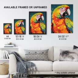 Artery8 Wall Art Print Macaw Parrot Neon Orange Green On Teal Exotic Bird Artwork Vibrant Bold Bright Colourful Painting Art Framed - thumbnail 3