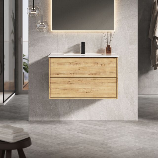 Banyetti Venti 800mm Wall Hung Vanity Unit with Lira Basin - Ostippo Oak in Light Oak - image 1