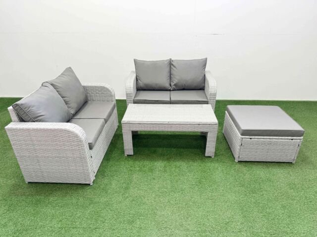 Fimous 5 Seater Outdoor Love Sofa Set Rattan Garden Furniture Set with Oblong Coffee Table Big Footstool Light Grey - image 1