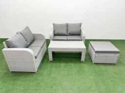 Fimous 5 Seater Outdoor Love Sofa Set Rattan Garden Furniture Set with Oblong Coffee Table Big Footstool Light Grey - thumbnail 2