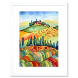 "Artery8 Wall Art Print Landscape Of Tuscany House On The Hill Folk Artwork Framed 9X7 Inch in White - Size: W7"" x H9""" - thumbnail 1